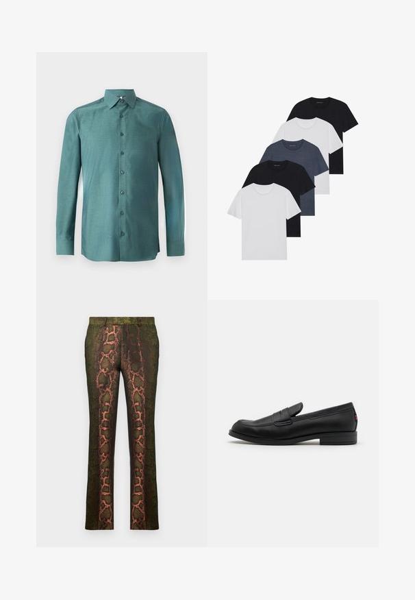 Koszula z długim rękawem w kolorze teal, wykonana z tkaniny o teksturowanym splotcie, zapinana na guziki z ostrym kołnierzykiem i dopasowanymi guzikami. Lekko dopasowany krój.; Zestaw pięciu koszulek w kolorach czarnym, białym i granatowym. Wykonane z bawełny, z krótkimi rękawami, klasycznym dekoltem i gładką fakturą, bez wzorów.; Zielone spodnie w wzory z nadrukiem węża w odcieniach brązu i pomarańczy, o prostym kroju i gładkiej teksturze.; Czarne skórzane loafersy o gładkim wykończeniu, zaokrąglonym czubku i małym dekoracyjnym klapku. Posiadają niską, warstwową podeszwę oraz subtelny detal z brandingiem.
