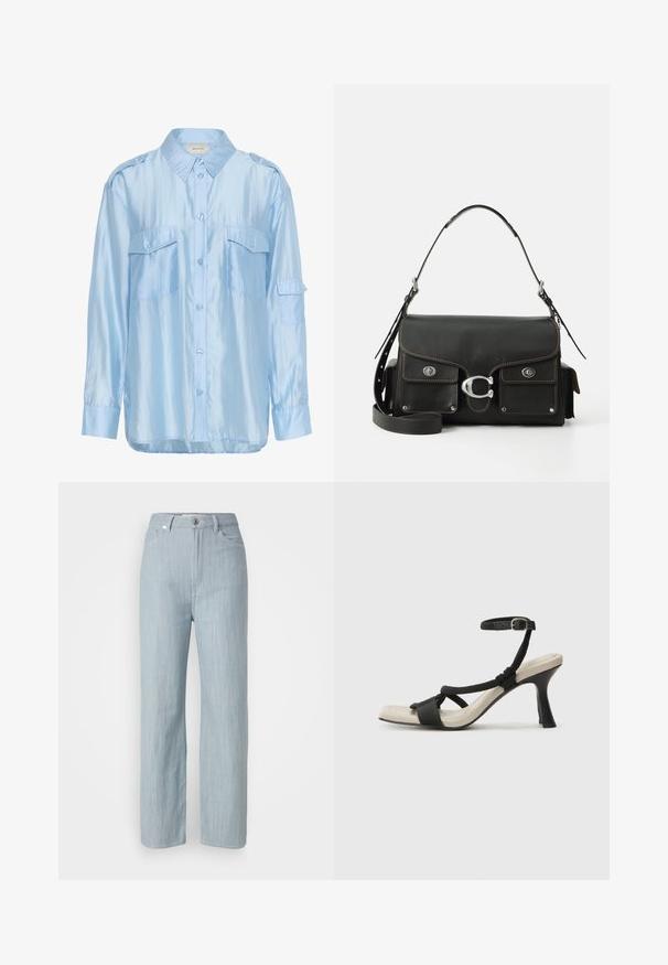 Light blue long-sleeve satin shirt with button-up front, two chest flap pockets, and shoulder epaulets.; Light blue straight-leg jeans made of denim. Features five pockets, a metal button closure, and subtle whiskering for texture.; Black heeled sandal with braided strap design, square toe, and adjustable ankle strap. Light beige footbed with a glossy black heel.; Black leather handbag with a flap closure, silver hardware, two front pockets, contrasting stitching, and a detachable shoulder strap.