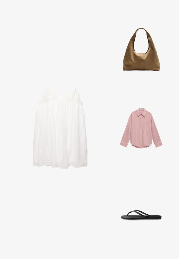 Langärmliges Hemd in zartem Rosa mit vertikalen weißen Streifen. Mit spitzem Kragen, Frontknöpfen und abgerundetem Saum. Weicher Stoff.; Weißes, ärmelloses Oberteil mit zarten Spitzenakzenten an der Vorderseite, fließendem Stoff und verstellbaren Trägern. Strukturiertes, leichtes Material.; Schwarze Flip-Flops mit einer strukturierten Gummisohle, zwei schlanken Riemen und einem dezenten, geprägten Logo-Detail auf dem Riemen.; Braune Stoffschultertasche mit einem breiten, runden Körper und einem großen Ausschnittgriff. Sanfte Textur, minimalistisches Design und keine sichtbaren Beschläge.