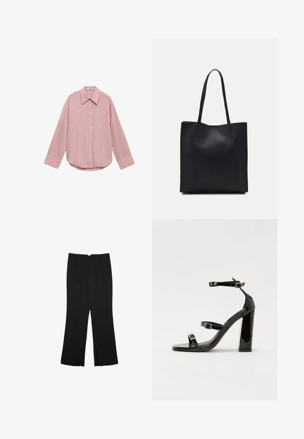 Dlouhý rukáv košile ve světlé růžové barvě s vertikálními bílými pruhy. Disponuje špičatým límcem, předními knoflíky a zaobleným spodním lemem. Měkká textilie.; Černé kalhoty s rovným střihem, s předními kapsami a bočními rozparky na lemu. Vyrobené z jemné, hladké tkaniny. Vhodné na různé příležitosti.; Černé lakované sandály na podpatku se čtveratou špičkou, lýtkovými pásky a stříbrnými přezkami. Disponují masivním blokovým podpatkem pro stabilitu.; Černá kožená taška přes rameno s hladkým povrchem, obdélníkovým tvarem a dvěma dlouhými uchy. Žádné viditelné kování ani ozdoby.