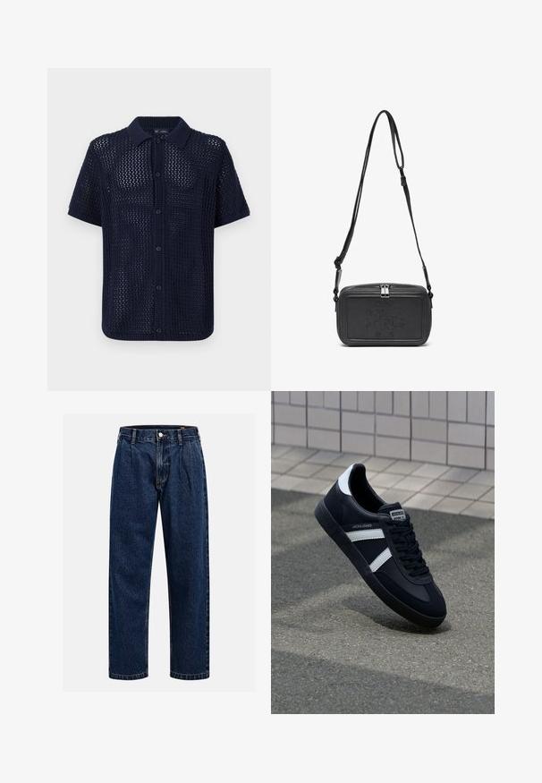 Marinblå kortärmad stickad tröja med en strukturerad öppen väv, knäppning framtill och ribbad krage och ärmslut. Innehåller sex knappar.; Mörkblå denimjeans med rak bendesign. Har synliga sömmar, knappstängning och framträdande veck för extra detalj.; Svart lädersneaker med vita ränder, texturerad gummisul, och snörning fram. Har en märkesskylt på tungan.; Svart läder crossbody-väska med dragkedjestängning, präglad logga på framsidan och justerbar rem. Slät textur med rektangulär form.