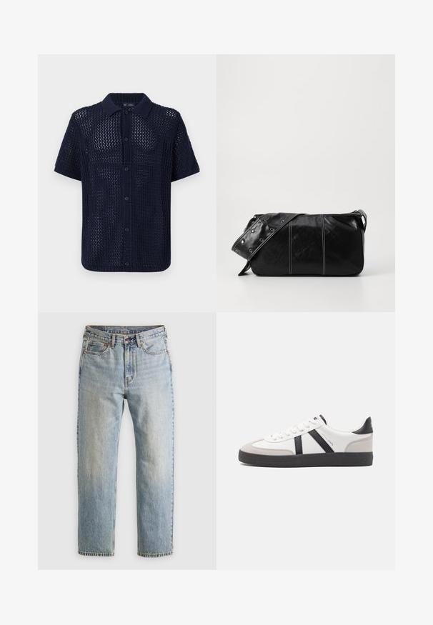 Marineblaues Kurzarm-Strickshirt mit strukturierter, offener Webart, Knopfleiste und geripptem Kragen sowie Bündchen. Verfügt über sechs Knöpfe.; Helle blaue Jeans mit hoher Taille, Frontknopf, Reißverschluss und fünf Taschen-Design, flach auf einem neutralen Hintergrund ausgelegt.; Weiße Sneaker mit schwarz- und grau-aczenten, ausgestattet mit einer strukturierten grauen Zehenkappe, schwarzer Gummi-Sohle und flachen weißen Schnürsenkeln. Sauberes Design, minimalistische Stil.; Schwarze Leder Schultertasche mit Reißverschluss, ausgestattet mit einer strukturierten Oberfläche, weißen Nähten und einem Tragegurt mit silbernen Ösen.