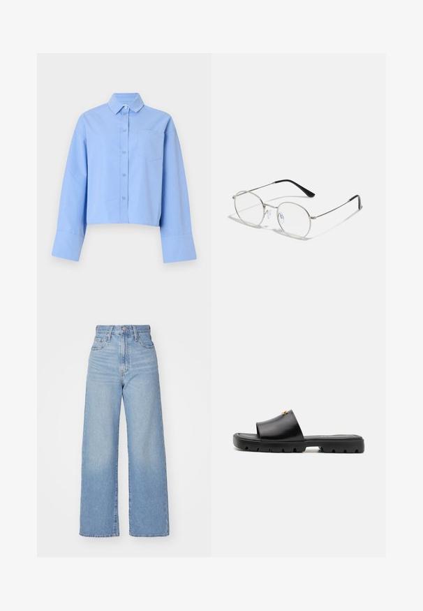 Heledasinine lühike särk, mis on valmistatud kangast, millel on nööpidega eesmine osa, suured mansetid ja rinnatasku peente brändingutega.; Heledad sinine kõrge vöökohaga laiad teksad, ees nupp ja tõmblukk, ees ja taga taskud, valge tausta peal.; Mustad mustad mustad pehmeast, mati nahast ülemisest osast ja paksust tekstureeritud kummist tallast. Märkimisväärne kullast riistvara aktsent ülemises osas. Lihtne, avatud disain.; Ümmargused metallist prilliraamid, millel on õhuke hõbedane raam, selged läätsed ja mustad templid, millel on mugavuse tagamiseks kummist otsikud. Minimalistlik disain.