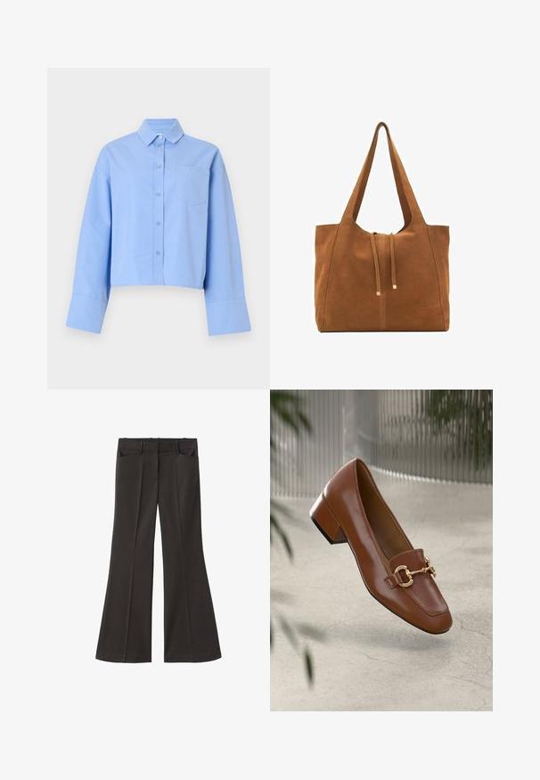 Camisa corta de color azul claro, hecha de tejido, con cierre de botones en la parte delantera, puños grandes y un bolsillo en el pecho con una sutil marca.; Pantalones de campana negros con cintura alta; cuentan con dos bolsillos frontales y una textura de tela suave. Adecuados para diversas ocasiones.; Mocasines de charol marrón con punta cuadrada, acento de cadena metálica y tacón bajo; textura suave, diseño minimalista.; Bolso tote de ante marrón con dos asas largas, cierre de cordón y un diseño minimalista. Textura suave y sin acentos de hardware visibles.