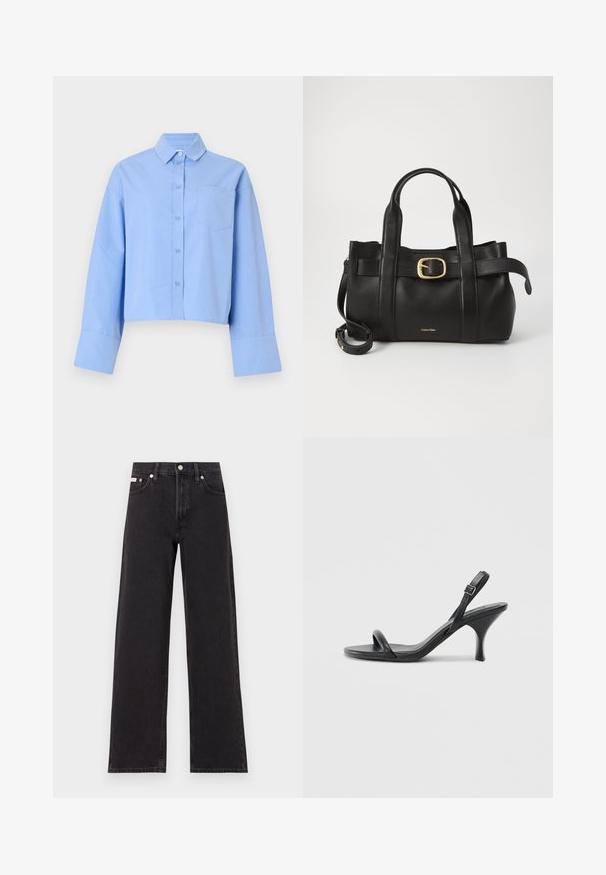 Camicia cropped di colore azzurro chiaro realizzata in tessuto, con chiusura a bottoni sul davanti, ampi polsini e una tasca sul petto con un discreto marchio.; Jeans neri a gamba larga in denim, con vita alta, styling a cinque tasche e chiusura con bottone metallico e cuciture a contrasto.; Sandali con tacco alto in pelle nera, con tacco sottile e curvo e design a fascia incrociata. Cinghia alla caviglia regolabile. Texture liscia.; Borsa a mano in pelle nera con un design strutturato, doppie maniglie superiori, accentuazione in metallo dorato e logo del marchio in rilievo sul davanti.