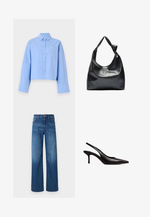 Himmelblaues, kurzes Hemd aus Stoff mit durchgehender Knopfleiste, großen Manschetten und einer Brusttasche mit dezentem Branding.; Mother THE LASSO SNEAK - Jeans Relaxed Fit - dark blue denim; NA-KD Pumps - black; Schwarze gewebte Lederhandtasche mit lässigem Design, ausgestattet mit einem geknoteten Trageriemen und einem kleinen dekorativen goldenen Nagel am oberen Rand.