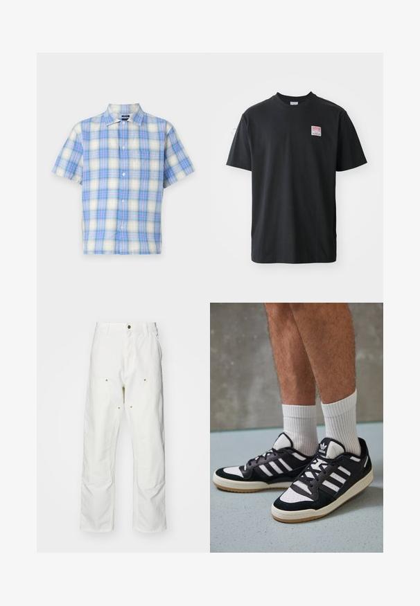 Lühikese varrukaga särk kerge kangaga, mis on kaunistatud sinise ja valge ruudulise mustriga heledate roosade aktsentidega. Särgil on rinnatasku ja nööbid.; Must musternärviga T-särk ümarate krae, lühikeste varrukatega ning vasakul rinnal väike värviline etikett sõnaga "SUPERIOR."; Valged puuvillased cargo püksid, millel on mugav lõige. Omadusteks on esikotid, kuldse riistvara aktsendid ja tugevdatud põlveosad.; Mustvalged ja valged spordijalatsid, mille pealmine osa on valmistatud suede'ist ja nahast. Kingadel on kolm valget riba, auguline varvas ja kummist tald.