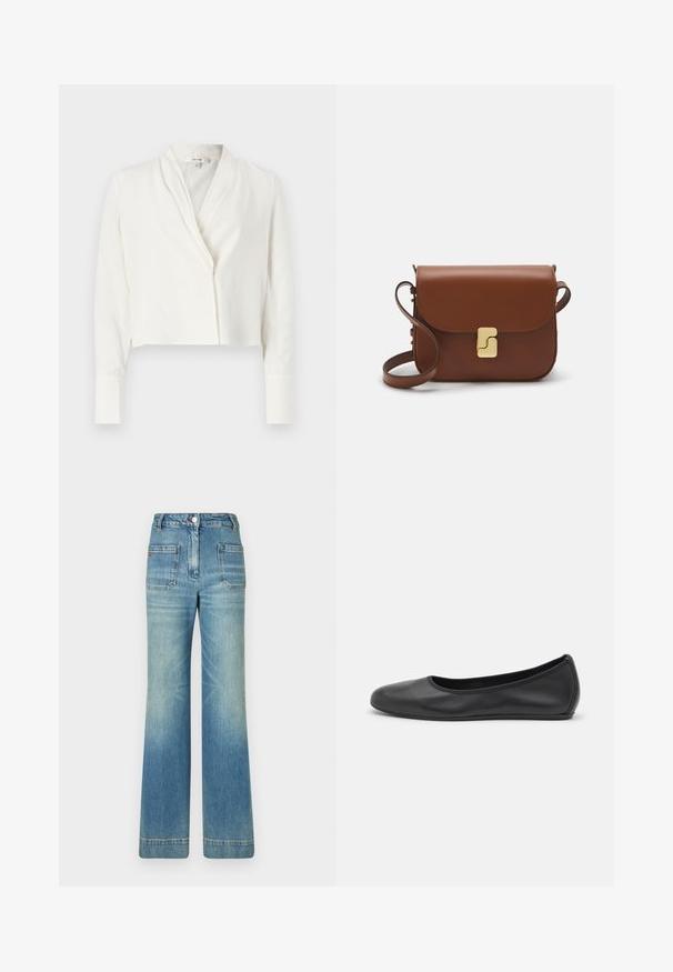 Avskuren vit blus med sjalkrage, långa ärmar och en enkel knappstängning. Slät tyg med en lätt lyster och inga synliga mönster.; Vit kortärmad t-shirt i ribbat tyg. Rund halsringning, normal passform och diskreta sömdetaljer. Inga mönster eller tryck.; Ljusblå denim byxor med vida ben, fem fickor, bältesömmar, knäppning med knapp och en något urblekt textur, med en röd logodetalj på baksidan.; Svart läderballerinaskor med rund tå, slät yta, minimala söm detaljer och en flexibel sula.; Brun läderhandväska med klaffstängning, guldfärgad hårdvara, axelrem och en slät yta. Kompakt rektangulär form.