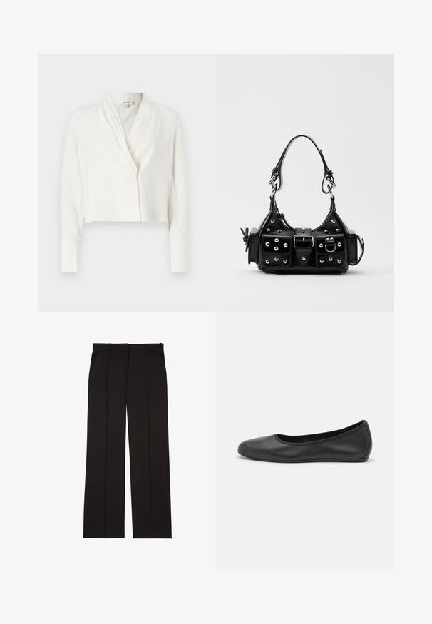 Cropped white blouse with a shawl collar, long sleeves, and a single button closure. Smooth fabric with a slight sheen and no visible patterns.; Black tailored trousers made of a smooth fabric, featuring a straight-leg design, and two side pockets. Elegant and minimalistic construction.; Black leather ballet flat with a rounded toe, smooth texture, minimal stitching detail, and a flexible sole design.; Black leather handbag with a curved design, featuring silver studs, a buckle, and two side pockets. Adjustable strap for carrying options.