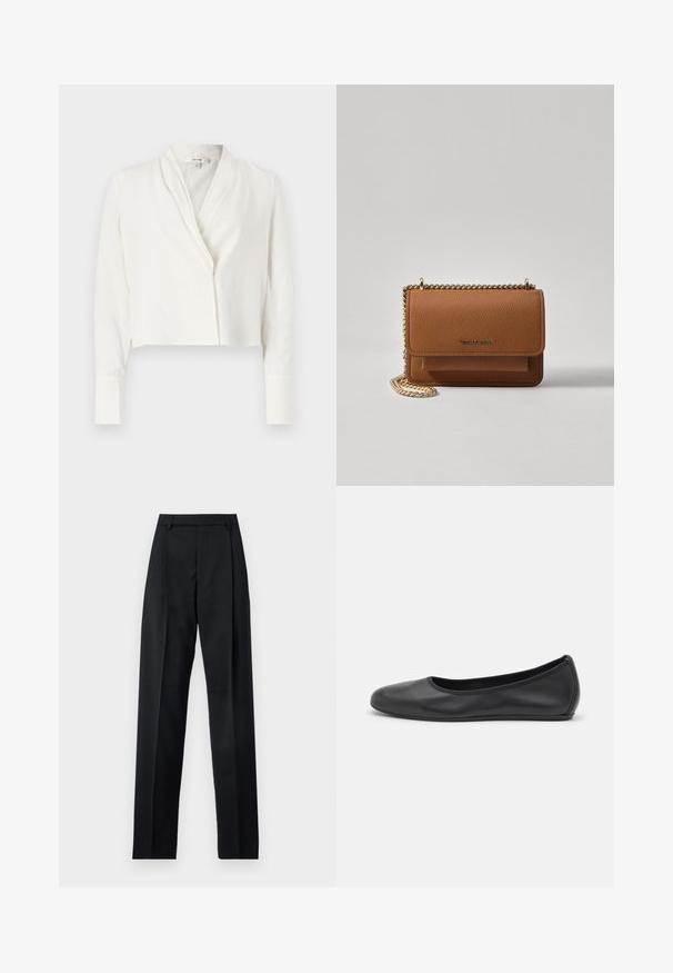 Blusa bianca tagliata con colletto a scialle, maniche lunghe e chiusura con un singolo bottone. Tessuto liscio con una leggera lucentezza e senza motivi visibili.; Pantaloni neri realizzati in tessuto morbido, caratterizzati da vita alta, gambe larghe, pince frontali e classiche passanti per cintura. Non ci sono tasche laterali visibili.; Pantofole da balletto nere in pelle con punta arrotondata, texture liscia, dettagli di cucitura minimi e design con suola flessibile.; Borsa a tracolla in pelle marrone con texture, dotata di catena dorata e chiusura a pattina. Sul davanti presenta un dettaglio con logo e una tasca sotto la pattina.