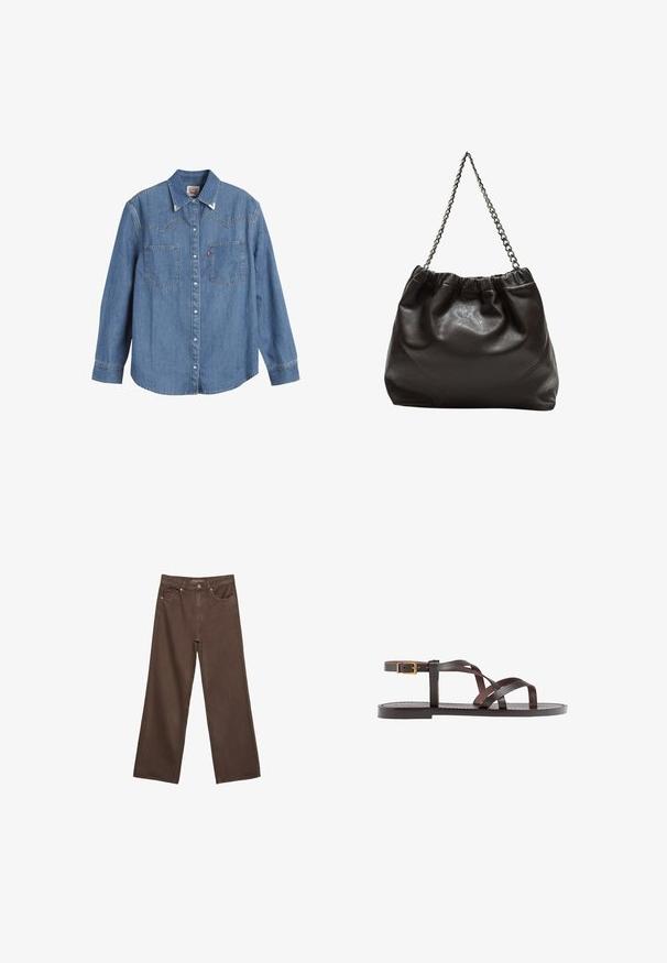 Světle modrá džínsová košile s dlouhými rukávy, špičatým límcem, dvěma kapsami na prsou a kontrastním prošíváním. Obsahuje design hřebenu ve westernovém stylu.; Hnědé džíny s širokými nohavicemi vyrobené z denimu, s vysokým pasem, předními kapsami a klasickým zapínáním na knoflík. Hladká textura s jemným švem.; Hnědé kožené sandály s kříženými pásky, uzavřením na přezku u kotníku a plochou podrážkou s minimem švů.; Hnědá kožená taška se sbíraným vrškem a řetízkovým popruhem. Hladký povrch s lesklým finišem a jemným švem na bocích.