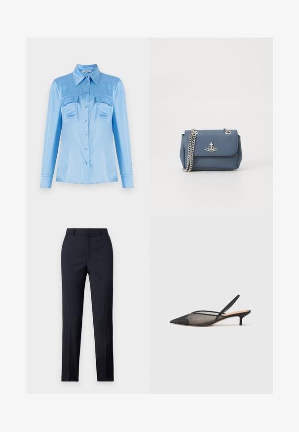 Svijetloplava satenasta košulja na dugih rukava s dugim rukavima, dva prednja džepa i oštrim ovratnikom. Ima biserne dugmadi i glatku teksturu.; Mornarsko plave krojene hlače ravnog kroja, sa glatkom teksturom, dvije prednje džepove i urednim pojasom.; NEOUS IRENA - Klasične cipele s visokom petom - black; Plava teksturirana faux kožna torbica s metalnom lancem i logotipom na prednjoj strani. Zatvaranje na kopču s preklopnim dizajnom.