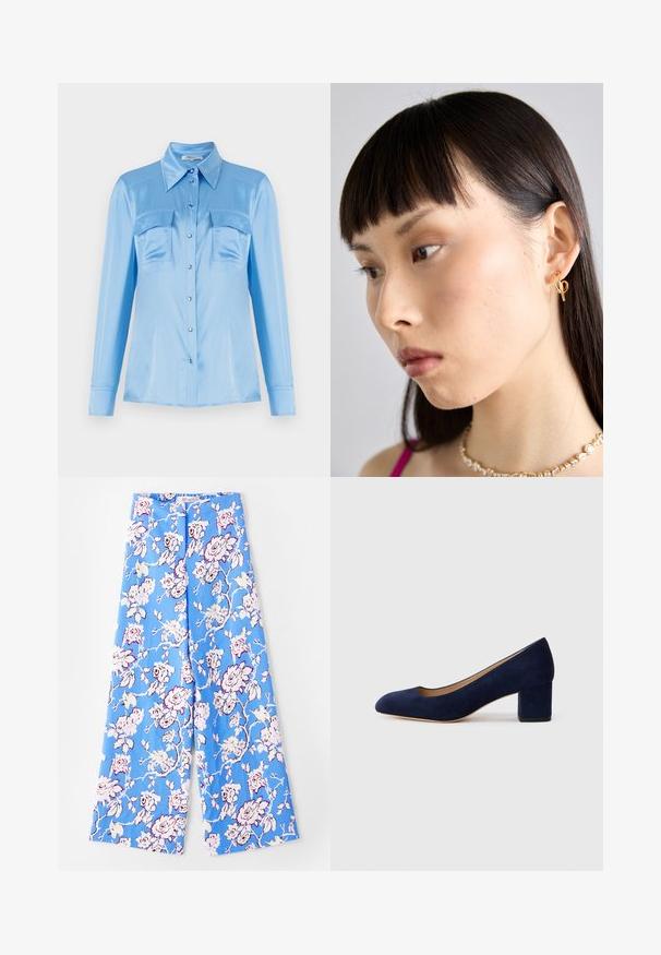 Világoskék selyem gombos ing hosszú ujjakkal, két elöl elhelyezett zsebbel és hegyes gallérral. Gyöngyház gombokkal és sima textúrával rendelkezik.; Kék virágmintás nadrág, amely pasztell rózsamintával van díszítve. Az anyag sima, laza szabású, széles lábú, és rugalmas derékpánttal rendelkezik.; Tengerészkék velúr, hegyes orrú pumpa, középmagas tömbsarkúval. Simítású felület finom fénylő hatással, elöl egy kis kivágással.; Arany fülbevaló, amelyet a jobb fülön viselnek, nyitott dizájnnal. A modellen egyenes, sötét haj és minimális smink található.