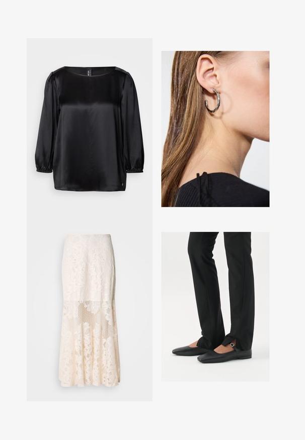 Black satin blouse with a square neckline, long puff sleeves with elastic cuffs, and a straight hem. Smooth texture with a chic, minimalist design.; Floral lace midi skirt in cream; features layered design with sheer sections, textured lace, and a flared hem.; Black leather ballet flats with a pointed toe, strap with silver buckle, paired with black tailored pants featuring a slit hem.; Silver hoop earring with a polished finish, featuring small gold accent details and a round shape, worn on the lobe.