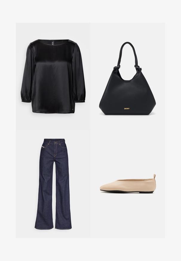 Schwarze Satinbluse mit quadratischem Ausschnitt, langen Puffärmel mit elastischen Bündchen und geradem Saum. Glatte Textur mit einem schicken, minimalistischen Design.; Dunkelblaue weite Jeans aus Denimstoff mit hoher Taille, ausgestattet mit orangefarbenen Nähten, fünf Taschen und einem Knopfverschluss.; Beige Leder-Ballerinas mit einem flachen Design, runder Zehenpartie und schwarzer Gummisohle, ausgestattet mit einer kleinen Schlaufe an der Rückseite für ein einfacheres Anziehen.; Schwarze Ledertasche mit strukturiertem Finish, geknoteten Handgriffen und goldfarbener Logodetailierung an der Basis. Sie hat eine lässige Silhouette.