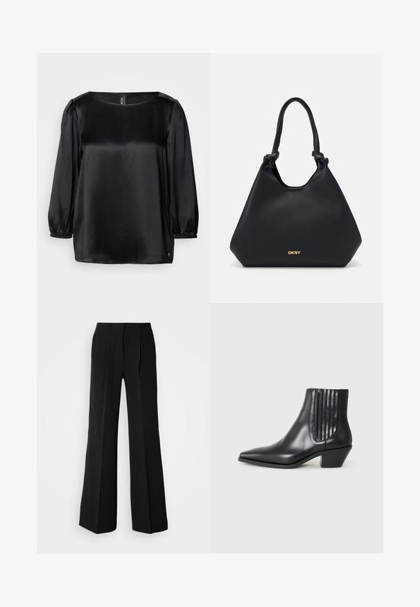 Svart satengbluse med firkantet hals, lange pufferm med elastiske mansjetter, og rett nederkant. Glatt tekstur med et stilrent, minimalistisk design.; Sorte bukser laget av glatt stoff, med høy midje, vide ben og to frontfolder for ytterligere designdetaljer.; Sorte skinnankelsko med spiss tå, elastiske sidepaneler med vertikale groper, og en lav blokkhæl. Glatt tekstur og elegant design.; Svart lær tote bag med teksturert overflate, knutede håndtak og gulllogo-detalj ved bunnen. Har en slouchy silhuett.