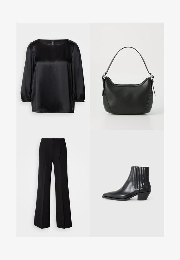 Čierna saténová blúzka so štvorcovým výstrihom, dlhými puff rukávmi s elastickými manžetami a priamym lemom. Hladká textúra a štýlový, minimalistický dizajn.; Čierne nohavice z hladkej tkaniny, s vysokým pásom, širokým strihom a dvoma prednými záhybmi pre zvýraznenie dizajnového detailu.; Čierna kožená členková topánka s špicatou špičkou, elastickými bočnými panelmi s vertikálnymi drážkami a nízkym blokovým podpätkom. Hladká textura a elegantný dizajn.; Čierna kožená kabelka s zakriveným tvarom, strieborným zipsom a krátkou rukoväťou. Na prednej strane má diskrétne logo a hladkú textúru.
