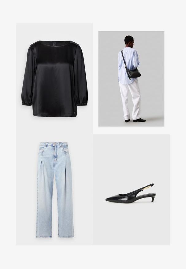 Černá saténová blůza se čtvercovým výstřihem, dlouhými nabíranými rukávy s elastickými manžetami a rovým lemem. Hladká textura s módním, minimalistickým designem.; Světlé modré džíny z denimu s vysokým pasem, širokým střihem, dvěma bočními kapsami a nařaseným designem. Měkká textura s vybledlým povrchem.; Černé kožené boty na podpatku s otevřenou patou a špičatou špičkou, s tenkým podpatkem a zlatým akcentem na nastavitelném pásku. Hladký povrch.; Černá kožená kabelka přes rameno s jemnou texturou, trojúhelníkovým tvarem a nastavitelným popruhem, v kombinaci se světle modrou pruhovanou košilí a bílými kalhotami.