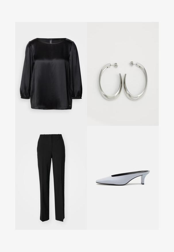 Musta satiini-paita, jossa on neliön muotoinen kaula-aukko, pitkät puffihihat elastisilla hihoilla ja suora helma. Sileä pinta, jossa on tyylikäs ja minimalistinen muotoilu.; Mustat räätälöidyt housut suoraa lahjetta, joissa on sileä pinta ja terävät taitteet edessä. Ei näkyvää metalliosaa.; Vaaleansiniset patentoidut korkokengät, joissa on terävä kärki, matala läpinäkyvä korko ja tyylikäs muotoilu, jossa on aukko vampissa.; Hope hopeista, joissa on sileä, kaareva muotoilu. Varustettu kiiltävällä metallipinnoitteella ja nappikiinnityksellä. Ei näkyviä kuvioita tai koristeluja.