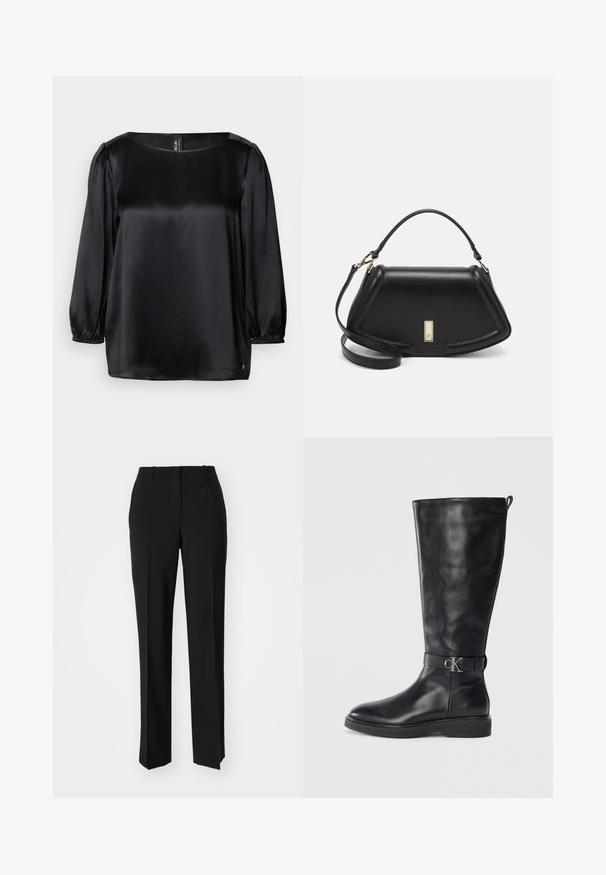 Black satin blouse with a square neckline, long puff sleeves with elastic cuffs, and a straight hem. Smooth texture with a chic, minimalist design.; Black tailored trousers with a straight-leg design, featuring a smooth texture and crisp creases along the front. No visible hardware.; Black leather knee-high boot with low heel, round toe, and metallic "CK" logo buckle strap around the ankle.; Black leather handbag with a structured design, featuring a cropped shape, top handle, and gold hardware accent. Adjustable shoulder strap included.