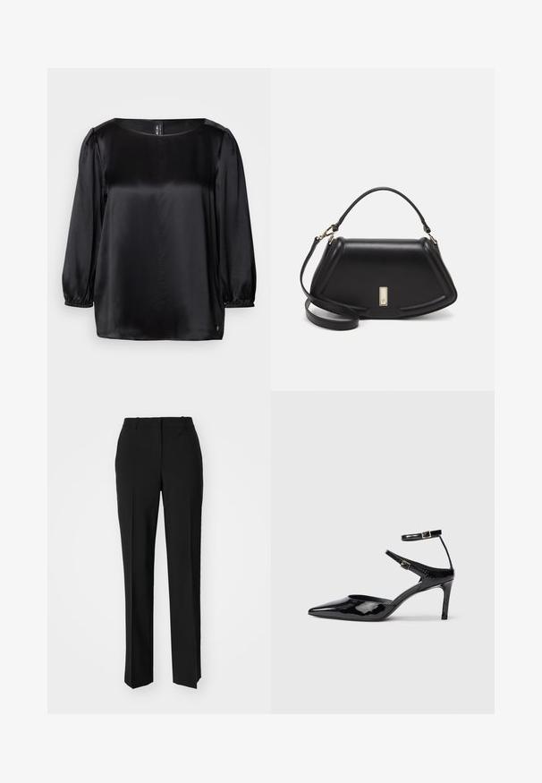Black satin blouse with a square neckline, long puff sleeves with elastic cuffs, and a straight hem. Smooth texture with a chic, minimalist design.; Black tailored trousers with a straight-leg design, featuring a smooth texture and crisp creases along the front. No visible hardware.; Black patent leather heels with a pointed toe, adjustable ankle straps, and a slender heel. Smooth texture with a shiny finish.; Black leather handbag with a structured design, featuring a cropped shape, top handle, and gold hardware accent. Adjustable shoulder strap included.