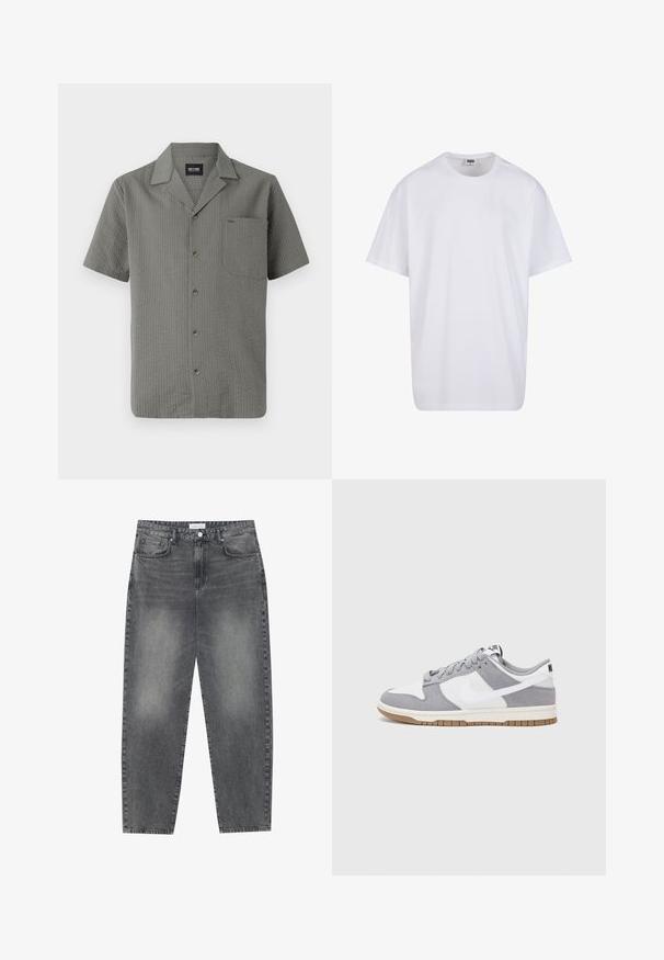 Rövid ujjú, szürke ing, amely texturált anyagból készült, hegyes gallérral, mellzsebbel és sötét gombokkal az elején.; Fehér pamut póló rövid ujjal, kerek nyakú, laza szabású, és nincsenek látható logók vagy minták. Simább textúra és minimalista dizájn.; Magasan szabott, bővebb szabású farmernadrág fakó fekete denim anyagban. Öt zsebbel, övhurkokkal és tiszta, egyenes lábszár dizájnnal rendelkezik.; Szürke és fehér sportcipő, velúr és bőr felsőrésszel, kerek orral, lapos fűzőkkel és gumitalppal, amelyen rágógumi színű díszítés található.
