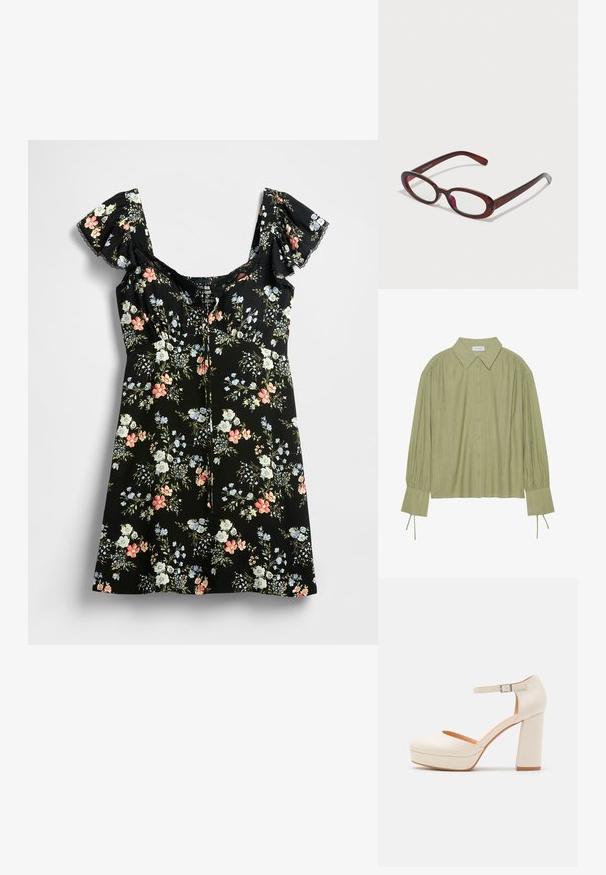 Light green long-sleeve shirt with a button-up front, collar, textured fabric, and tie details at the cuffs. Straight hem design.; Black floral dress featuring puff sleeves, a square neckline, and a fitted bodice. Includes colorful floral patterns in pink, blue, and white.; Cream-colored platform heels with a rounded toe and adjustable ankle strap. Features a chunky block heel with a slight wood accent.; Oval-shaped red sunglasses with clear lenses and sleek brown frames. The design features subtle curves and minimal hardware.