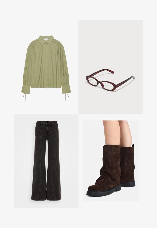 Gai zaļš garo piedurkņu krekls ar pogu aizdari priekšpusē, apkakli, teksturētu audumu un kakla detaļām pie aprocēm. Taisnas apakšmalas dizains.; Melni platajā kājā džinsi, izgatavoti no denim, ar augstu jostasvietu, priekšējām kabatām un tonāliem šuvju dūrieniem.; Brūni zamšādas puszābaki līdz teļiem ar melnām gumijas zālēm uz atklātām kājām, ar vieglu krokām uz zābaku kājām.; Ovālas formas sarkanās saulesbrilles ar caurspīdīgām lēcām un gludām brūnām rāmī. Dizainā ir nemanāmas līknes un minimāls aparatūras daudzums.