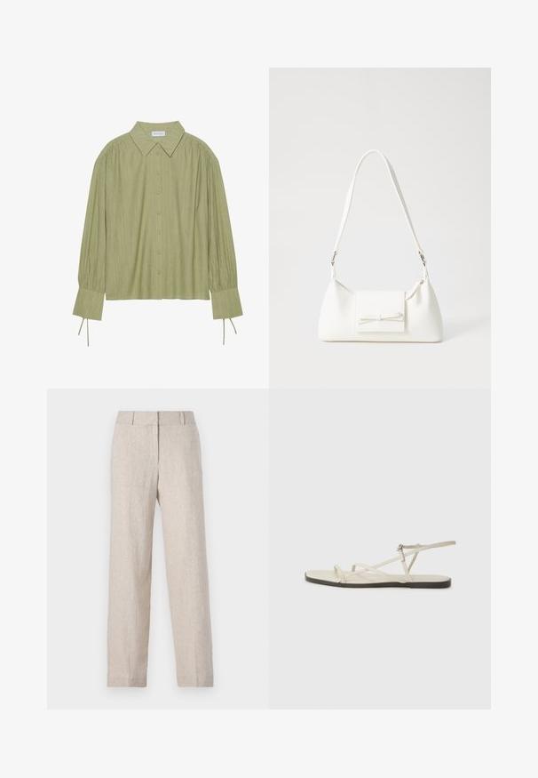 Camisa de manga longa verde claro com fecho de botões à frente, colarinho, tecido texturizado e detalhes de laço nos punhos. Design de bainha reta.; Calças de linho bege com um design de perna reta, cintura alta e textura subtil. Sem bolsos visíveis ou embellishments.; Sandália plana bege com várias tiras finas e uma fivela ajustável. A sola é plana com um leve contraste escuro na borda.; Mala sintética branca com formato triangular, aba frontal plana e detalhe de laço, alça ajustável, textura suave e design minimalista.