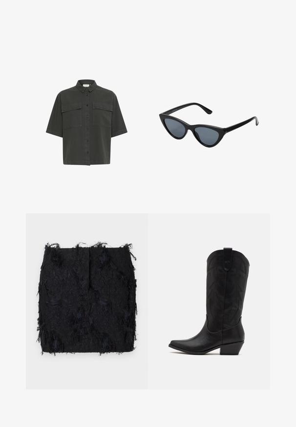 Short-sleeve dark green shirt with a button-up front, two chest pockets, and a classic collar. Made of lightweight fabric with a smooth texture.; Black textured skirt featuring a layered fringe design with a slightly irregular hemline, made from a lightweight fabric.; Black leather cowboy boot with pointed toe, low stacked heel, and intricate embossed leaf pattern on the shaft. Loop at the top for easy wear.; Black cat-eye sunglasses with dark gray lenses, sleek plastic frame, pointed corners, and straight temples. No visible hardware or accents.; Burgundy leather handbag with a curved shape, gold accents on the hardware, and a zippered closure. Features a detachable shoulder strap.