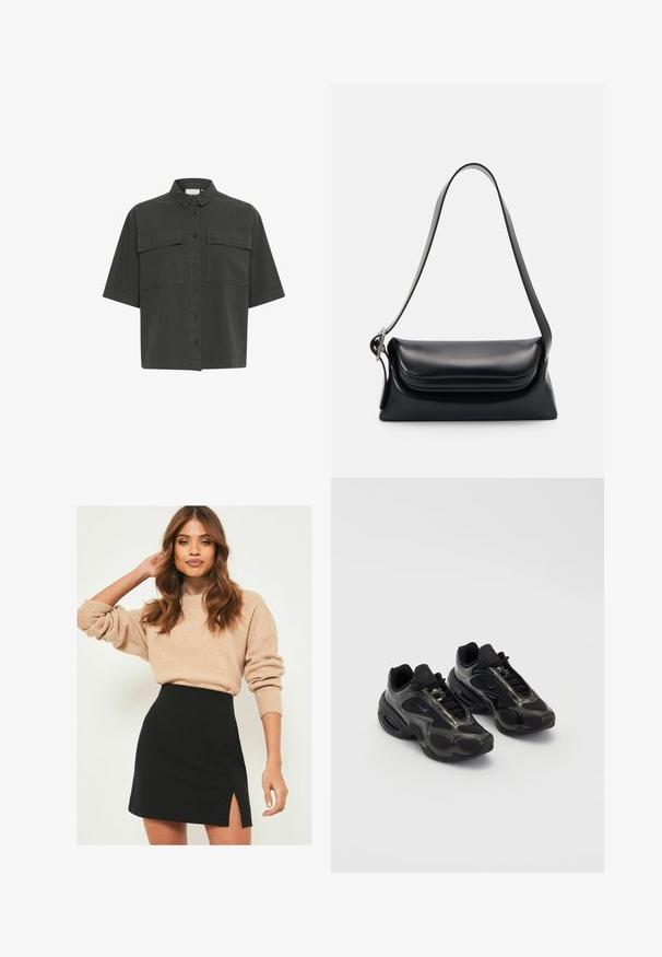 Kurzärmliges, dunkelgrünes Hemd mit durchgehender Knopfleiste, zwei Brusttaschen und klassischem Kragen. Aus leichtem, glattem Stoff gefertigt.; Beige gestrickter Pullover mit gerippten Bündchen, kombiniert mit einem schwarzen Minirock mit seitlichem Schlitz. Das Outfit hat eine lässige, jedoch figurbetonte Silhouette.; Schwarze Sportschuhe aus synthetischem Material mit Mesh-Akzenten und abgerundeten Sohlen. Verfügt über ein Schnürsystem und ein prominentes Nike-Logo auf der Zunge.; Schwarze Lederhandtasche mit strukturiertem Design, glatter Textur und einem einzelnen Schulterriemen. Verfügt über ein dezentes, abgerundetes Klappendesign.; Silberne Casio Quarzuhr mit rechteckigem Ziffernblatt, analogem und digitalem Display, Edelstahlarmband und wasserdichten Eigenschaften.