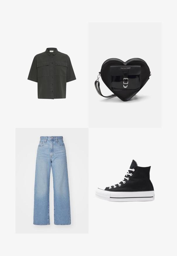 Kortærmet, mørkegrøn skjorte med knaplukning foran, to brystlommer og klassisk krave. Fremstillet af letvægtsstof med en glat tekstur.; Lyseblå højtaljede bukser med bred benåbning, med frontknap og lynlås, samt for- og baglommer, på en hvid baggrund.; Højtop sort lærredssko med hvide øjetter, snørebånd og gummisål. Har en tekstureret tåhætte og sorte og hvide stribe-accenter.; Sort hjertetask lavet af patentlæder med en frontlomme, der har en spænde-lukning og en aftagelig rem. Sølv hardware accenter.