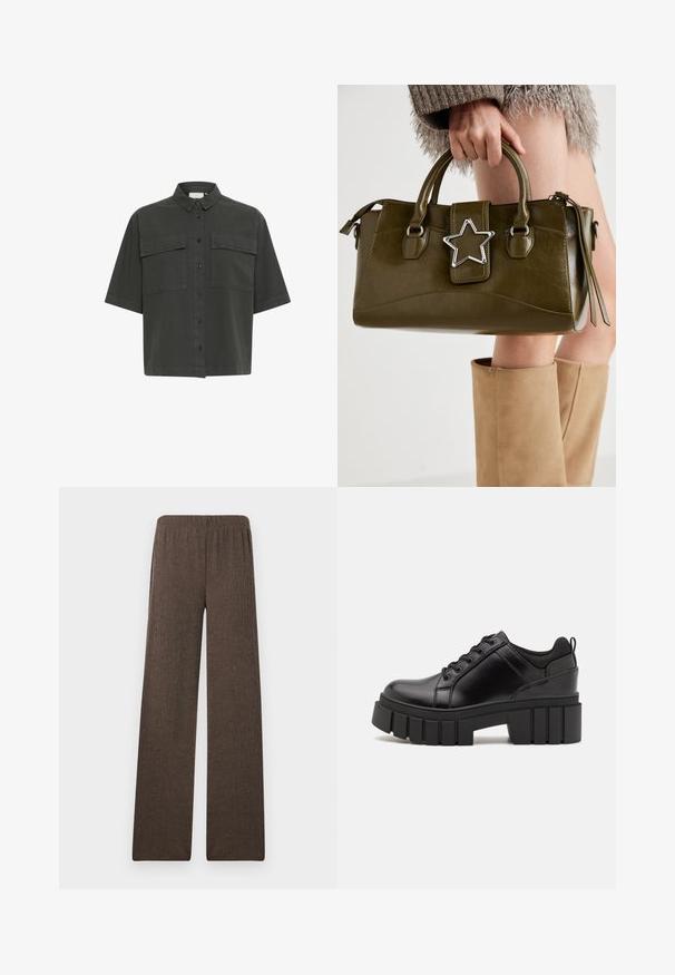 Tamsiai žalia trumpomis rankovėmis marškiniai su užsegimu priekyje, dviem krūtinės kišenėmis ir klasikinėmis apykaklėmis. Pagaminti iš lengvos medžiagos su lygiu paviršiumi.; Plačios kojos kelnės pagamintos iš tekstūruotos rudos medžiagos su elastinga juosmena, pasižyminčios tiesia pjūvio forma ir lygiu paviršiumi.; Juodi odiniai platformos batai su masyviu blokuota kulniuku, apvalia nosimi ir tradiciniu šnypštimo dizainu. Turintys glotnų paviršių ir minimalų dekoravimą.; Alyvuogių žalios spalvos dirbtinės odos rankinė su sidabro žvaigždės akcentu, dviem rankenomis ir užtrauktuko uždarymu. Tekstūruotas paviršius ir struktūrizuota forma.