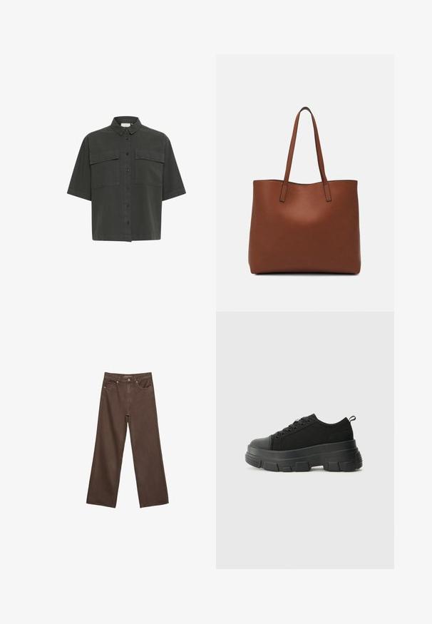 Krátký rukáv tmavě zelené košile s knoflíkovou přední částí, dvěma kapsami na hrudi a klasickým límcem. Vyrobena z lehkého materiálu s hladkou texturou.; Hnědé džíny s širokými nohavicemi vyrobené z denimu, s vysokým pasem, předními kapsami a klasickým zapínáním na knoflík. Hladká textura s jemným švem.; Černé tenisky s robustní gumovou podrážkou, vrchní část z texturované tkaniny, kulatá špička a šněrovací design. Obsahují zesílené okraje pro tkaničky a poutko na zadní straně.; Hnědá kožená taška přes rameno s hladkou texturou, otevřeným designem a dvěma ramenními popruhy. Obsahuje minimální švy a žádné viditelné kovové prvky.