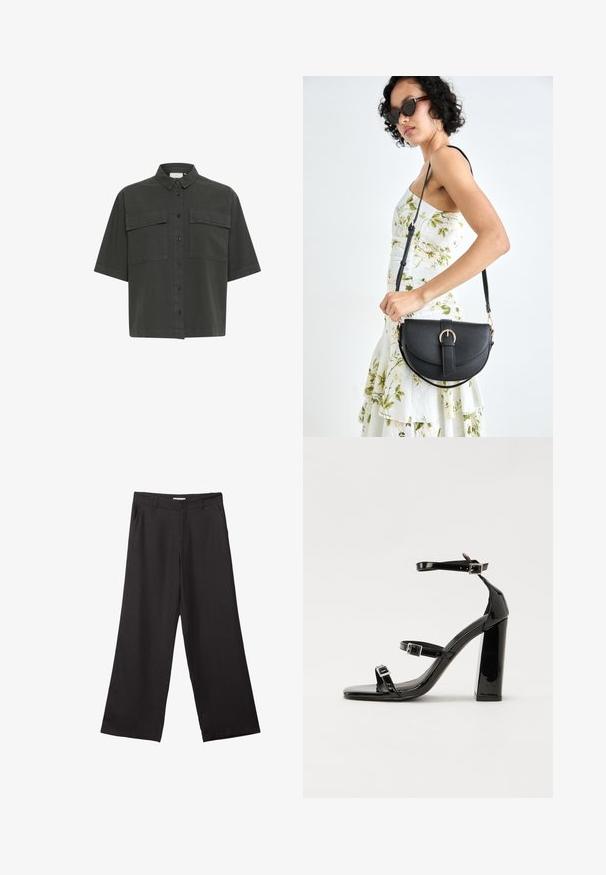 Košeľa s krátkym rukávom tmavozelenej farby s gombíkovým zapínaním vpredu, dvoma náprsníkovými vreckami a klasickým golierom. Vyrobená z ľahkého materiálu s hladkou textúrou.; Čierne široké nohavice vyrobené z hladkej tkaniny, so zipsom vpredu a dvoma bočnými vreckami, s prispôsobeným strihom a minimalistickým dizajnom.; Čierne lakované sandále na podpätku so štvorcovou špičkou, navlečenými remienkami okolo členku a striebornými prackami. Disponujú masívnym blokovým podpätkom pre stabilitu.; Čierna kožená kabelka s zaobleným tvarom, odnímateľným popruhom a zlatými doplnkami. Kabelka má klopu s detailom s prackou.