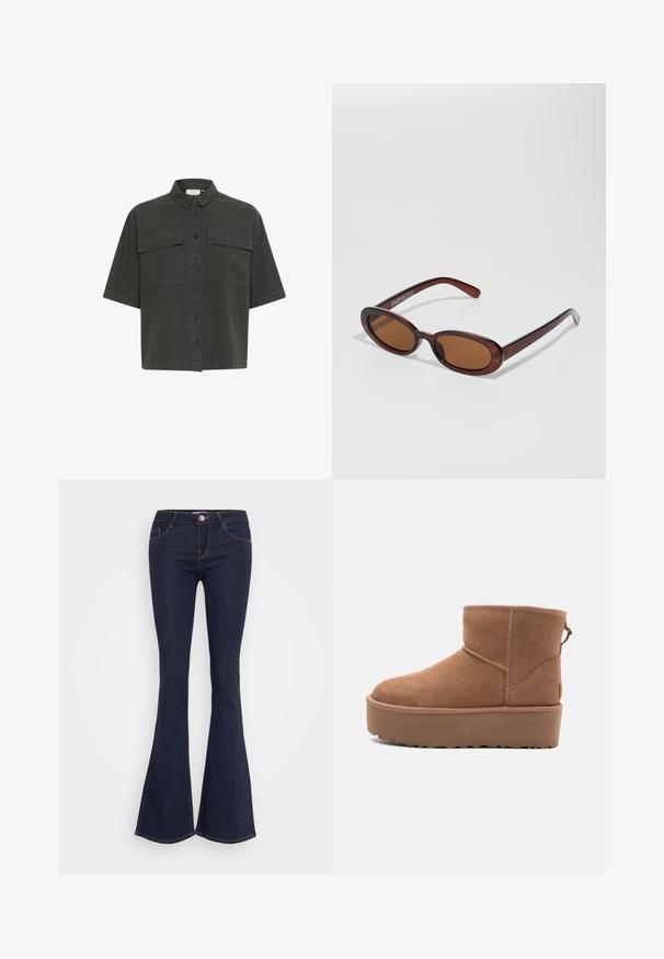 Donkergroene kortekatoenen shirt met een knoopsluiting aan de voorkant, twee borstzakken en een klassieke kraag. Gemaakt van lichtgewicht stof met een gladde textuur.; Donkere jeans met flare, een aansluitende taille, een sluiting met een voorbutton, een vijf-pocket ontwerp en naaddetails langs de benen.; Tan suède enkellaars met een platformzool, ronde neus en stiksels; heeft een trekband aan de achterkant voor gemakkelijke instap.; Ronde, bruin getinte zonnebril met een glanzend bordeauxrood frame. Slanke pootjes met subtiele merkdetails. Vlakke lensontwerp.; Bruine leren schoudertas met een gestructureerde afwerking, gebogen vorm, hardware in goudkleur, verstelbare schouderband en klepafsluiting.