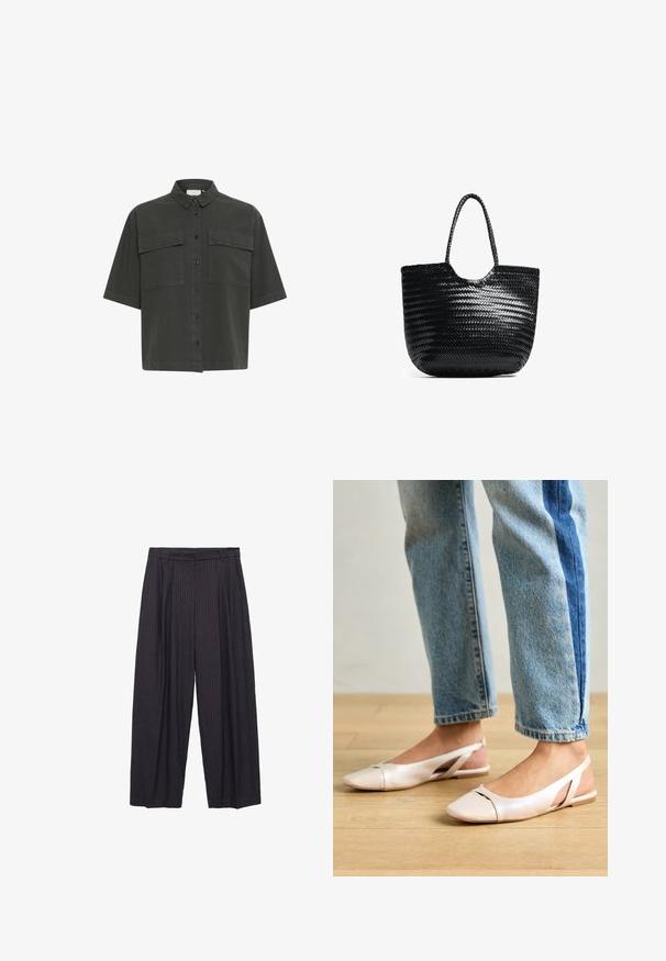 Majica s kratkimi rokavi temno zelene barve z gumbom spredaj, dvema žepoma na prsih in klasičnim ovratnikom. Narejena iz lahkotnega blaga z gladko teksturo.; Hlače širokih nogavica temno mornarsko modre barve z diskretnimi navpičnimi črtami, ki imajo gumb za zapiranje in strukturiran pas.; Svijetloružičaste slingback balerinke s šiljastim nožnim prstima, napravljene od glatkog materijala nalik koži. Imaju izrezane detalje sa strane i ravne pete.; Črna tkaninska torba z okroglim vrhom, stranskimi šivi in dvema pletenima ročajema. Ima teksturiran vzorec in prostorno notranjost.