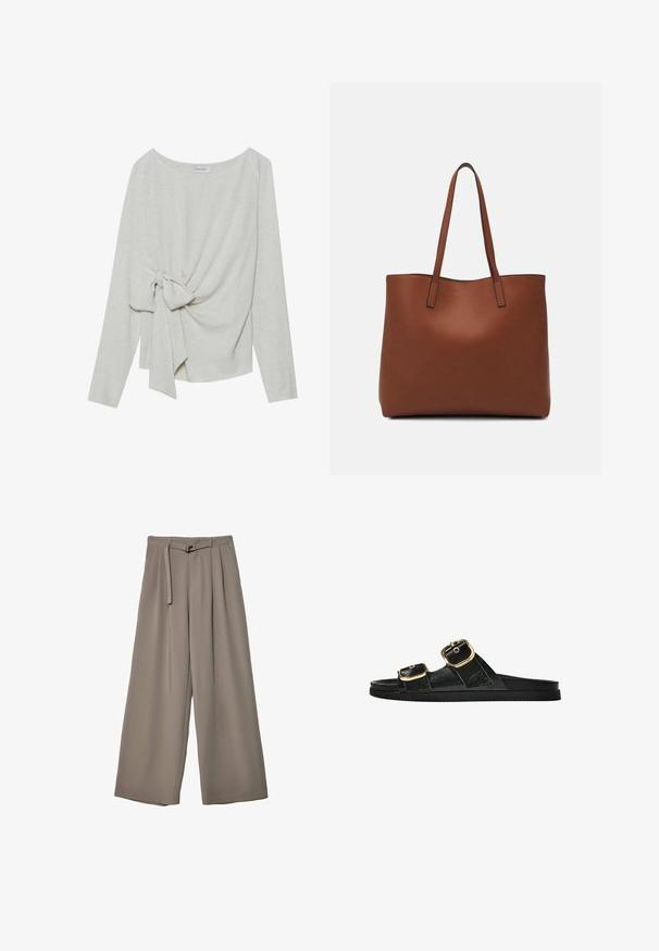 Maglia a maniche lunghe in misto lino beige chiaro, con un dettaglio a nodo attorcigliato su un lato, scollatura rotonda e vestibilità ampia.; Pantaloni a gamba larga in un morbido tessuto grigio tenue, con vita con cintura e pieghe per un tocco di design aggiuntivo. Texture liscia, senza motivi.; Infradito neri con due accenti di fibbia dorata, materiale dalla texture liscia, suola piatta e design minimalista.; Borsa tote in pelle marrone con texture liscia, design con apertura superiore e due spallacci. Presenta cuciture minime e nessun hardware visibile.