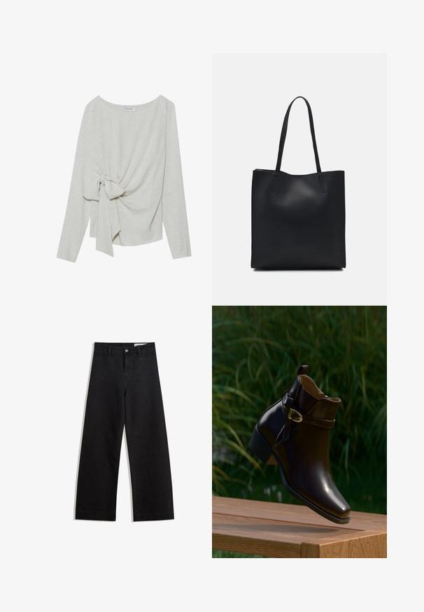 Hosszú ujjú felső világos bézs vászon keverékből, egy oldalán csavart csomóval, kerek nyakkal és laza fitten.; Fekete, bő szabású farmernadrág magas derékkal, elülső és hátsó zsebekkel, varrott felületekkel és gombos záródással. Sima textúra.; Fényes sötétbarna bokacsizma alacsony sarokkal és arany csattal, amely egy fából készült felület felett lebeg, zöld fű háttérrel.; Fekete bőrtáska sima felszínnel, téglalap alakú, két hosszú füllel. Nincs látható fémkiegészítő vagy díszítés.