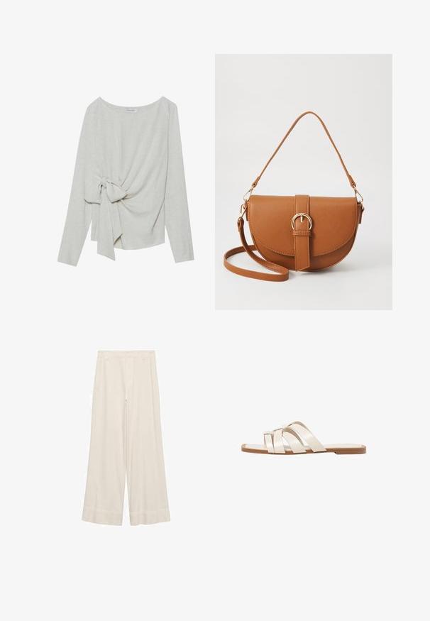 Dlhý rukáv top v svetlom béžovom zmesovom ľane, s detailom skrúteného uzla na jednej strane, okrúhlym výstrihom a voľným strihom.; Svetlé nohavice s širokými nohavicami z krémovej látky, s hladkou textúrou, prispôsobeným pásom a čistými švami. Hladký predný diel s dvojitými stehnami.; Ploché sandále s hnedou gumovou podrážkou, navrhnuté s tromi prekrývajúcimi sa bielymi koženými popruhmi a malou mašličkou uprostred.; Hnedá kožená kabelka cez telo s zakriveným tvarom, zlatými kovovými doplnkami a akcentom s prackou. Obsahuje odnímateľný ramenný popruh.
