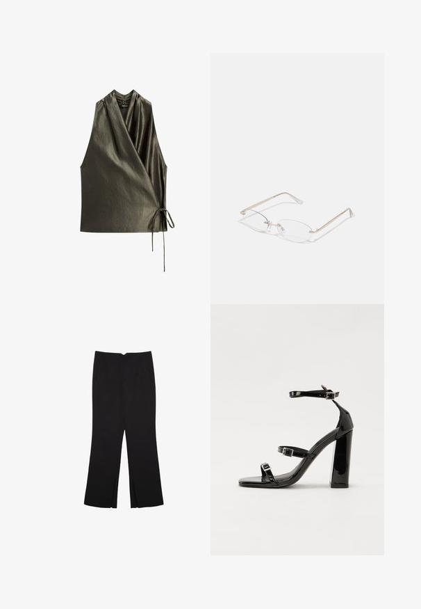 Top senza maniche verde oliva con design avvolgente, realizzato in un tessuto liscio e lucido. Presenta un dettaglio con fiocco sul lato per una vestibilità regolabile.; Pantaloni neri a gamba dritta, con tasche frontali e spacchi laterali all'orlo. Realizzati in tessuto morbido e liscio. Adatti a diverse occasioni.; Sandali con tacco in vernice nera, con punta squadrata, cinturini alla caviglia e fibbie in argento. Presentano un tacco a blocco spesso per maggiore stabilità.; Occhiali da vista in metallo dorato con lenti ovali, bracci sottili e nasalini trasparenti. Presentano sottili dettagli sulle cerniere e lenti trasparenti.; Borsa sintetica bianca a forma triangolare, con patta anteriore piatta e dettaglio a fiocco, tracolla regolabile, texture liscia e design minimalista.