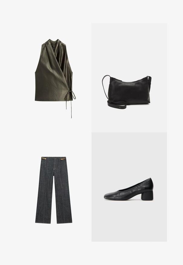 Oliven grøn ærmeløs top med indpakningsdesign, lavet af et glat, skinnende stof. Har en knyttet detalje i siden for justerbar pasform.; Mørk vask denim bredbensbukser med høj talje. Har synlig syning, knaplukning og en unik kædeaccent i taljen.; Sort læderpumps med rund tå og mellemblokhæl. Glat tekstur med minimal detaljer, udstyret med en diskret elastisk åbning.; Sort læder skuldertaske med en glat tekstur, buet form, justerbar rem og lynlås. Minimalistisk design uden udsmykninger.
