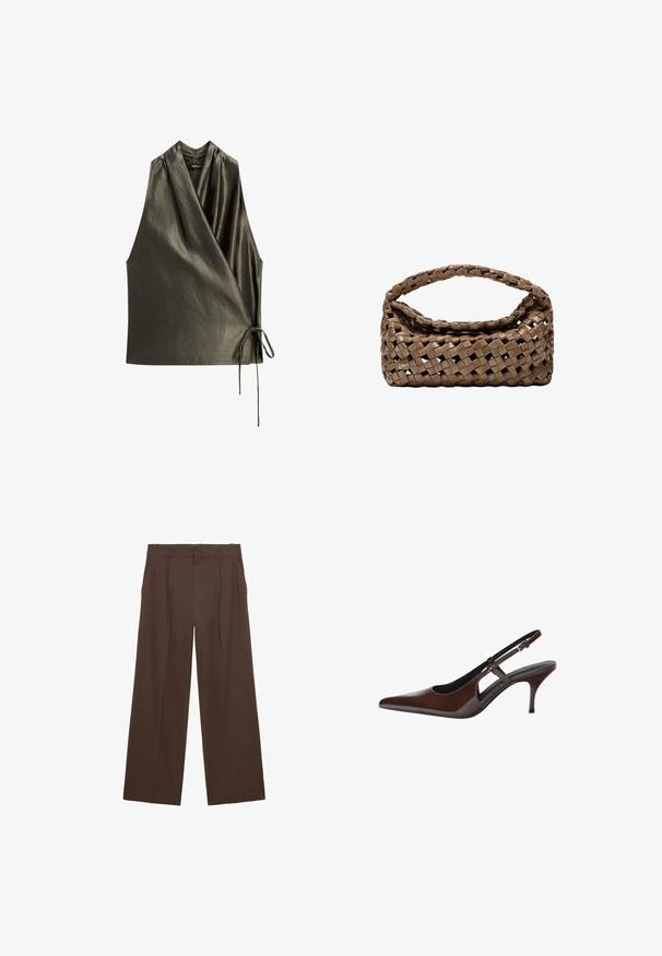 Olivově zelený top bez rukávů s překládaným designem, vyrobený z hladkého, lesklého materiálu. Disponuje vázaným akcentem ze strany pro nastavitelnou velikost.; Hnědé kalhoty s širokými nohavicemi vyrobené z hladkého materiálu, se zvýšeným pasem, přehyby vpředu a dvěma bočními kapsami.; Hnědé lakované kožené lodičky na podpatku s špičatou špicí, otevřenými výřezy a tenkým podpatkem. Disponují nastavitelným páskem se sponou.; Tkaná hnědá kabelka s obdélníkovým tvarem, pevnou rukojetí a texturovaným povrchem. Disponuje uzavřeným vrchem a složitým vzorem tkaní.