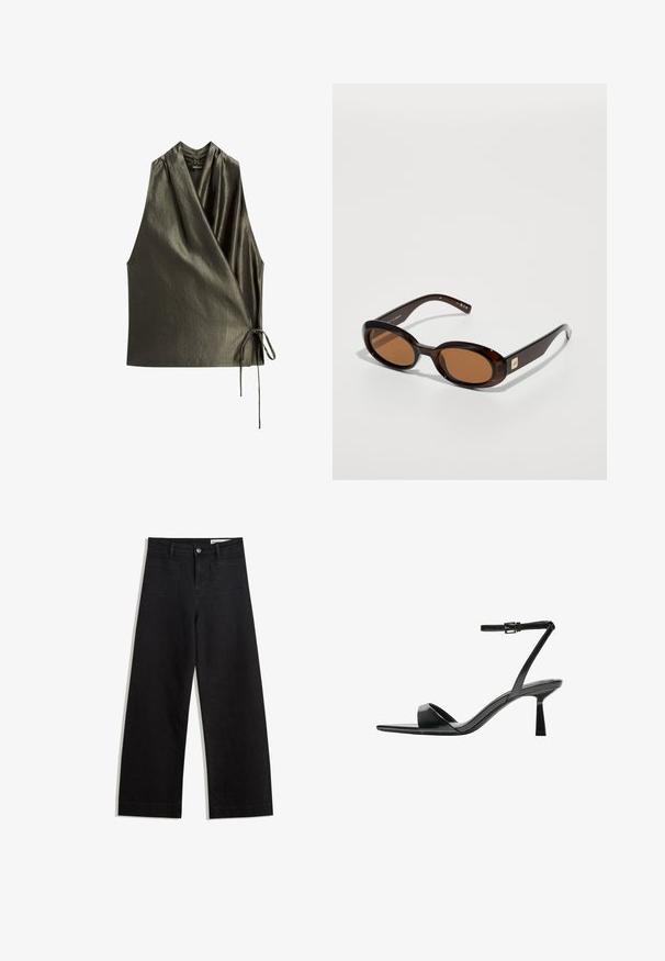 Olivgrünes ärmelloses Oberteil mit Wickeldesign, hergestellt aus einem glatten, glänzenden Stoff. Verfügt über eine gebundene Akzent an der Seite für eine verstellbare Passform.; Schwarze weit geschnittene Jeans mit hoher Taille, ausgestattet mit Vorder- und Hintertaschen, gesteppten Nähten und einem Knopfverschluss. Glatte Textur.; Bershka High Heel Sandalette - black; Braune Schildpatt-Sonnenbrille mit ovalen Gläsern, ausgestattet mit einem dünnen Rahmen und einem kleinen metallischen Akzent an der Seite. Texturierte und polierte Oberfläche.; Schwarze Leder-Crossbody-Tasche mit glatter Textur, rechteckiger Form und metallic-kettendetail auf der Vorderseite. Verstellbarer Gurt inklusive.