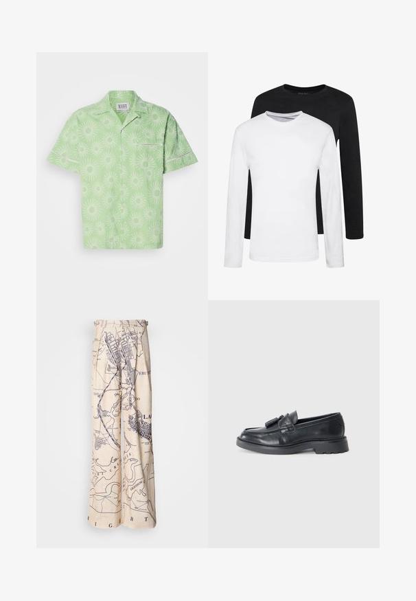 Korte mouwen, lichtgroen shirt met een zonnestraalpatroon in het wit, voorzien van een knoopsluiting en een kleine borstzak. Geweven stof.; Twee longsleeves, één zwart en één wit, gemaakt van katoen met ronde hals en een gladde textuur, gepresenteerd in een gestapelde opstelling.; Wijdbeenbroeken met een kaartprint in marineblauw op een beige achtergrond, met geplooide details bij de taille en een relaxte fit.; Zwarte leren instappers met een ronde neus, een band met kwastjes en een chunky zool met een loopvlak. Glad oppervlak en een klassiek ontwerp.