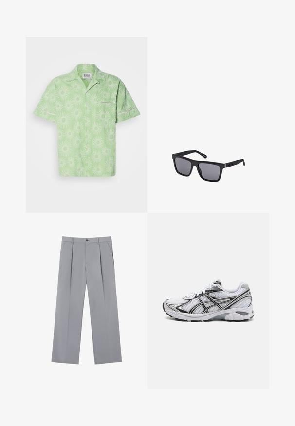 Korte mouwen, lichtgroen shirt met een zonnestraalpatroon in het wit, voorzien van een knoopsluiting en een kleine borstzak. Geweven stof.; Grijze geplooide broeken met een ontspannen pasvorm, gemaakt van een lichte stof. Voorzien van voorzakken en een knoopsluiting in de taille.; Witte sportschoen met een bovenwerk van mesh, zwarte accenten en zilveren details. Beschikt over een gevoerde zool en een vetersluiting voor extra ondersteuning.; Zwarte rechthoekige zonnebril met donkere lenzen, een matte afwerking en logo-detail op de sluiting. Het ontwerp heeft rechte randen en dikke monturen.