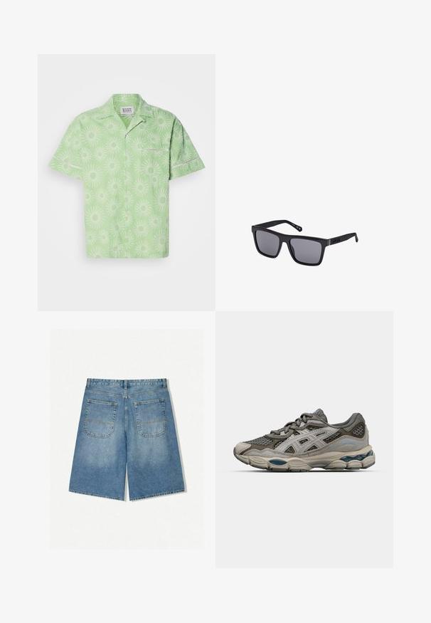 Rövid ujjú, világoszöld ing, fehér napfény mintával, gombos záródással és kis mellzsebbel. Texturált anyag.; Világoskék farmer rövidnadrág, laza szabással, két hátsó zsebbekkel és látható varrással. Az anyag puha, sima tapintású.; Szürke és bézs sportcipő hálós panelek, pöttyös textúra és ezüst részletek mellett. Párnázott talppal és fűzős kialakítással rendelkezik.; Fekete, téglalap alakú napszemüveg sötét lencsékkel, matt felülettel és logóval a szárakon. A kialakítás egyenes élekkel és vastag kerettel rendelkezik.