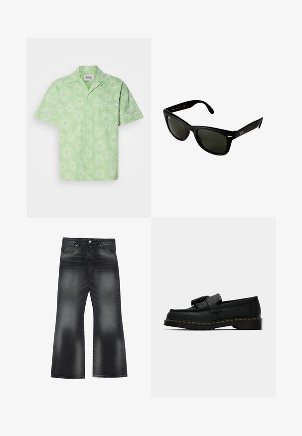 Kortärmad, ljusgrön skjorta med ett solstrålemönster i vitt, med knäppning och en liten bröstficka. Strukturert tyg.; Svarta jeans med utsvängda ben och en blekt tvätt, fem fickor och kontrasterande sömmar, med en något vid benöppning.; Svarta läderloafers med tofsar, gul söm längs sulan och en tjock, räfflad gummisula.; Svarta plastsolglasögon med mörkgröna linser. Fyrkantig ramdesign med silverdetaljer och en präglad logotyp på skalmen.
