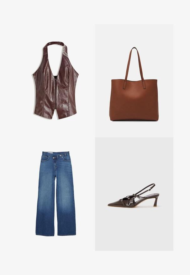 Burgundin keinonahkainen halterneck-toppi syvällä V-kaula-aukolla, jossa on edessä vetoketju ja poimutetut yksityiskohdat kaula-aukossa.; Siniset farkut, joissa on leveät lahkeet ja gradienttivärjäys, etutaskut, vyölenkit ja nappisuljenta.; Ruskea patenttina verhoiltu slingback-korkokenkä, jossa on teräväkärkinen muotoilu, säädettävät hihnat ja koristeelliset soljet edessä. Korkeus 3 tuumaa.; Ruskea nahkainen olkalaukku, jossa on sileä pinta, avoin yläosa ja kaksi olkahihnaa. Omaavat vain minimaalisen ompelun eikä näkyvää metalliosaa.