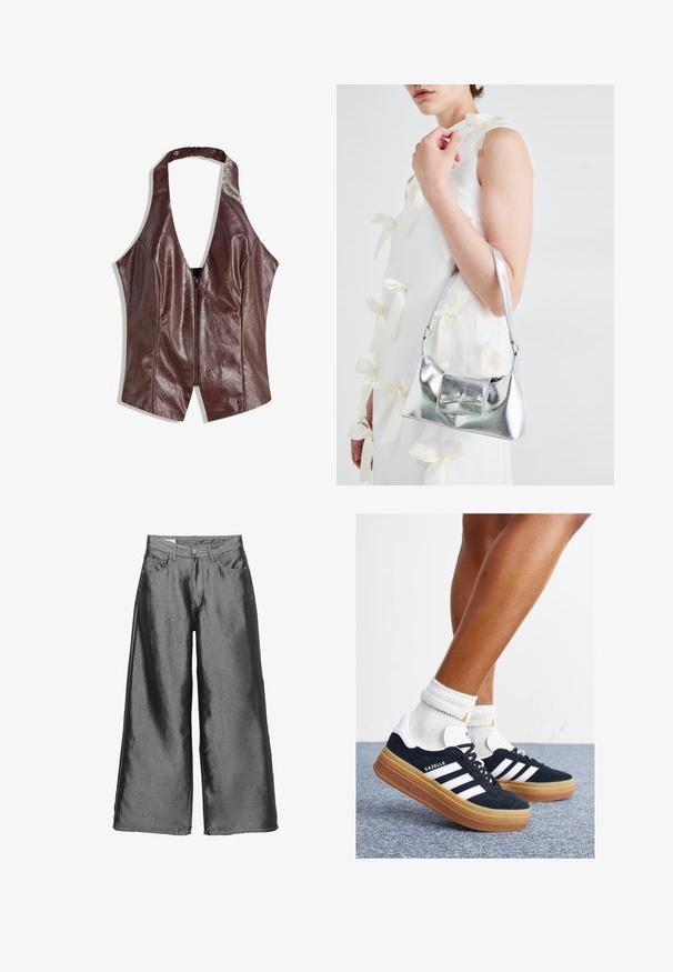 Burgundska faux usnjena halter majica z globokim V-izrezom, ki ima zadrgo spredaj in nabrane detajle pri izrezu.; Hlače z širokimi hlačnicami iz sijoče, kovinsko sive tkanine. Imajo zapenjanje na gumbe, pet žepov in kontrastne šive ob šivih.; Črni antilop superge z belimi črtami in poudarki, okrogel prst, gumijasti podplat, kombinirane z belimi rebrastimi nogavicami.; Srebrna metalna torbica z oblikovano strukturo, ki ima zgornji ročaj in detajl v obliki mašne spredaj. Gladka tekstura, z odsevnimi površinami.